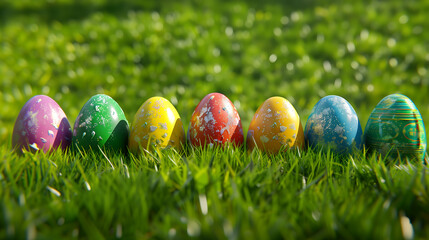 Aufkleber - Row of colorful painted easter eggs in fresh green grass background for holiday concept, happy easter, Generative Ai