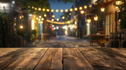 Poster - Empty wood table top on blur abstract of street restaurant outdoor and city background, for montage product display, 3d rendering