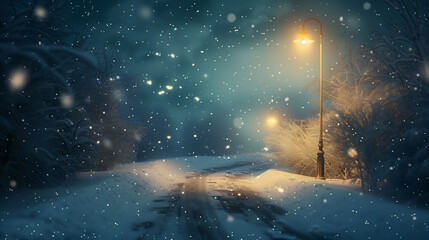 Landscape of snow winter with street light background at night , digital art design, 3d rendering