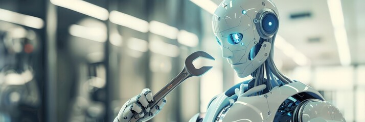 Poster - High-tech robot holding a wrench in a modern laboratory setting. Concept of robotics in engineering and advanced technology.
