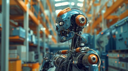 Poster - Close-up of a detailed humanoid robot head in a high-tech facility. Advanced robotics and AI in modern manufacturing.
