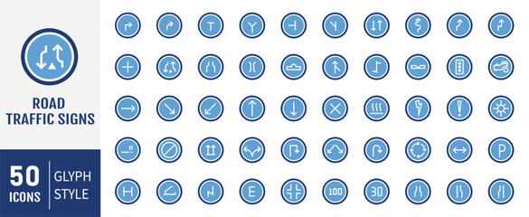 Set of 50 road traffic signs set. Collection of warning, mandatory, prohibition and information traffic signs. Solid icons vector collection.