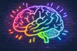 © Leo - Neon brain illustration with rainbow colors on a dark brick wall background symbolizing creativity and innovation