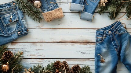 Sticker - Christmas denim presentation and sale with denim texture decoration on white wooden background