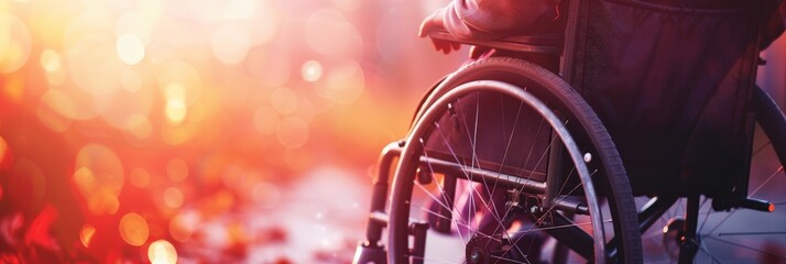 Poster - Close-up of a wheelchair wheel with a bokeh background. Emphasizing the importance of accessibility.