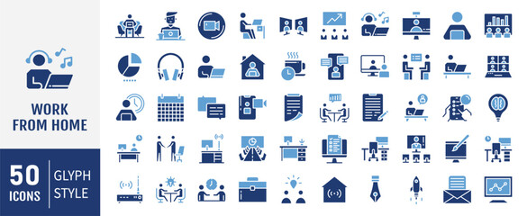 Work from home Icons set. Work from home icons. Contains such Icons as freelancer, hybrid work, digital nomad, Remote work, Video Conference and more. Solid icons vector collection.