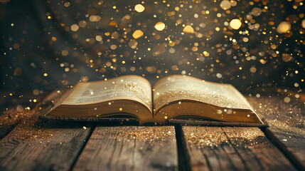 Fototapete - image of open antique book on wooden table with glitter overlay.