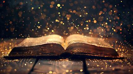 Aufkleber - image of open antique book on wooden table with glitter overlay.