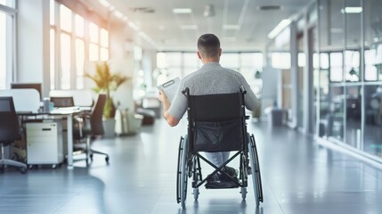 Aufkleber - Man in wheelchair working at desk in well-lit modern office. Disability inclusion and productive workspace.