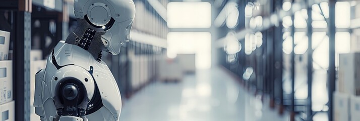 Poster - White humanoid robot in a futuristic warehouse. Advanced AI and robotics in modern logistics.