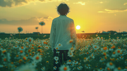 Wall Mural - Person Standing in Daisy Field at Sunset..