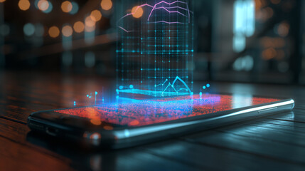 Poster - business data statistics virtual display over a smartphone on the table, business economy growth analysis 