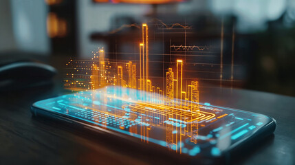 Poster - business data statistics virtual display over a smartphone on the table, business economy growth analysis 