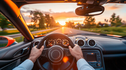 Close-up of a driver's hands gripping a steering wheel during a road trip. The image symbolizes freedom, adventure, and control. The scene captures the essence of exploration and journey on the open r