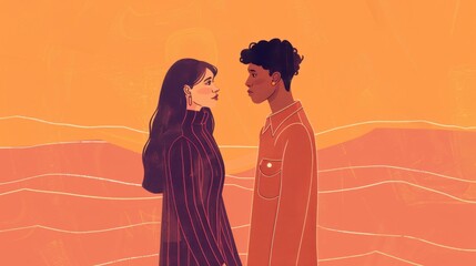 Wall Mural - Chinese minimalism illustration, portrait of a South Asian and Black couple, woman with long, straight deep purple hair, wearing a turtleneck sweater; man with medium-length curly dark brown hair