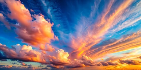 Poster - vibrant blue sky with fluffy white clouds and streaks of orange and pink