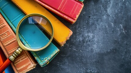 Poster - Colorful hardback books in a circular arrangement with a magnifying glass free space for educational theme