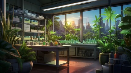 Wall Mural - Biological laboratory experiment: scientists conducting plant research in modern science facility. Biologists in white lab coats analyzing green plant samples under microscope, investigating growth pa