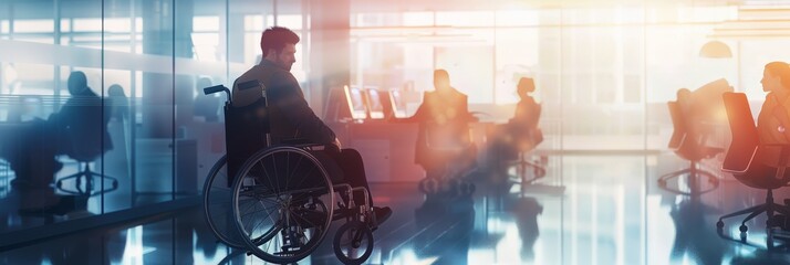 Aufkleber - Man in wheelchair in a sunlit room with wooden floors. Focusing on accessible home and work environments.