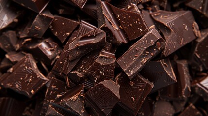 Poster - Pile of dark chocolate pieces with intricate patterns. Ideal for food backgrounds and gourmet textures.