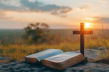 A Bible is spread out on a flat rock outside, and a cross stands on top of it.