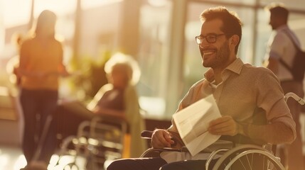 Aufkleber - Smiling man in wheelchair reading a document in bright, sunlit office. Highlighting accessibility and positivity in the workplace.