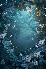 Wall Mural - Moonlit Garden Frame. A frame of silvery leaves, glowing flowers, and twinkling fireflies. The center is a blank, moonlit clearing, creating a peaceful, nocturnal garden scene