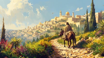 Wall Mural - Jesus' Triumphal Entry: Palm Sunday Donkey Ride into Jerusalem