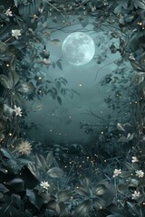 Wall Mural - Moonlit Garden Frame. A frame of silvery leaves, glowing flowers, and twinkling fireflies. The center is a blank, moonlit clearing, creating a peaceful, nocturnal garden scene