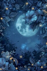 Wall Mural - Moonlit Garden Frame. A frame of silvery leaves, glowing flowers, and twinkling fireflies. The center is a blank, moonlit clearing, creating a peaceful, nocturnal garden scene