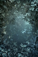 Wall Mural - Moonlit Garden Frame. A frame of silvery leaves, glowing flowers, and twinkling fireflies. The center is a blank, moonlit clearing, creating a peaceful, nocturnal garden scene