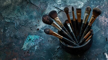 Poster - Professional makeup brush set in container with dirty tools and mascara on dark surface