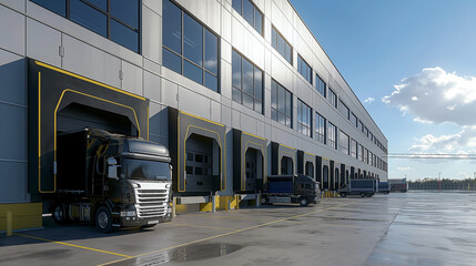 Modern logistics facility with loading docks and trucks.