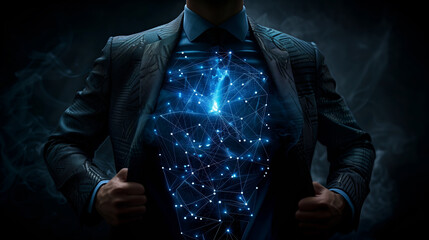 Fototapete - Businessman revealing digital network under suit in dark background.