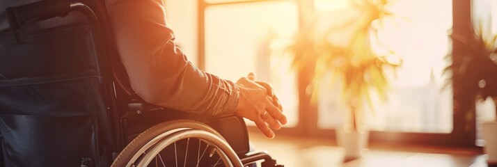 Poster - Person in a wheelchair in a bright, indoor space with sunlight streaming in. Accessibility and a positive environment.