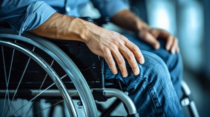 Aufkleber - Close-up of a person in a wheelchair with a blue shirt in an office. Professionalism and accessibility in the workplace.