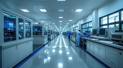 Wall Mural - A large industrial building with many workers in white lab coats