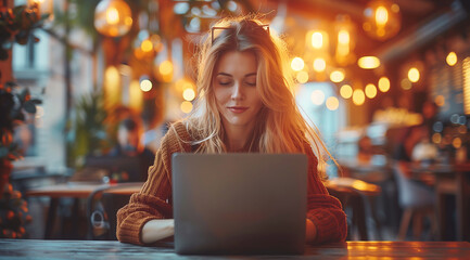 Wall Mural - Woman using laptop at a cafe