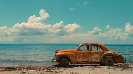 Wall Mural - Old abandoned car on the sea