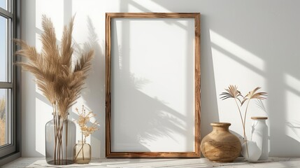 Minimalist Wooden Frame Poster Displayed on White Wall