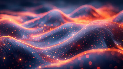 Wall Mural - Glowing abstract waveforms with light particles