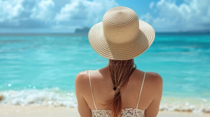 Wall Mural - Serene Beach Escape: Anonymous Woman Enjoying the View with her Elegant Sun Hat