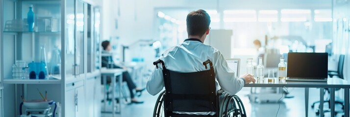 Aufkleber - Disabled scientist in a wheelchair working in a laboratory. Accessibility and inclusion in scientific research.