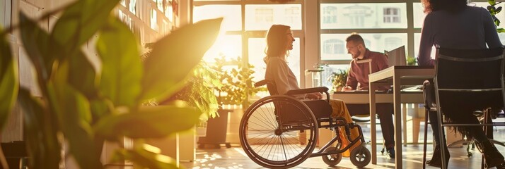 Aufkleber - Woman in a wheelchair working in a sunlit office, talking with colleagues. Emphasizing workplace inclusion and accessibility.