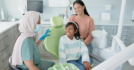 Poster - Kid, dentist and high five for teeth or oral health education for prevention on tooth decay or hygiene. Little girl, mom and together for dentistry checkup or dental examination with orthodontist.