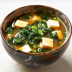 Canvas Print - a bowl of soup with tofu and spinach in it