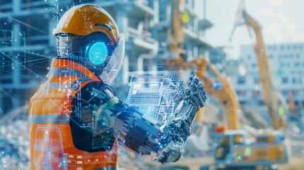 Poster - Robot engineer using augmented reality on a construction site. Advanced technology in building.
