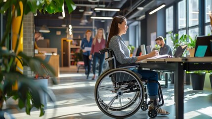 Aufkleber - Young woman in a wheelchair working in a colorful and modern office. Emphasis on accessibility and professional engagement.