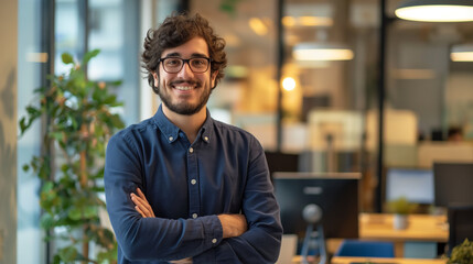 Poster - portrait of a smiling young man standing in modern office