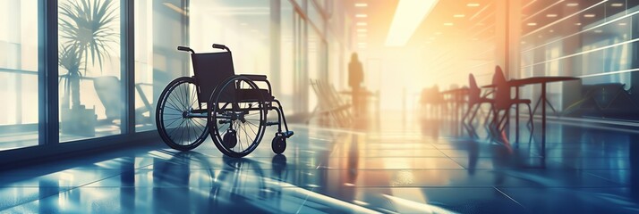 Poster - Wheelchair in an office hallway with sunlight streaming in through large windows. Highlights accessibility and inclusivity.